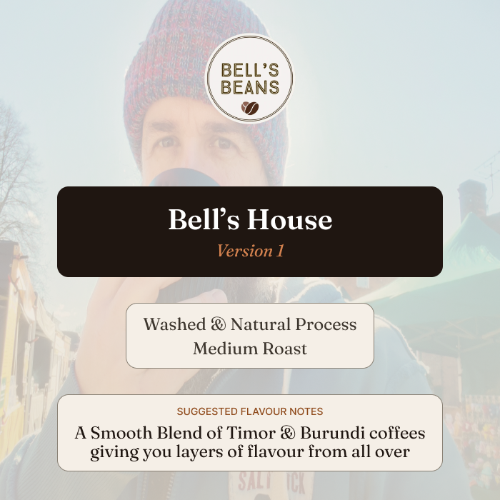 Promotional graphic for Bell's Beans coffee with text about coffee type and flavor notes.