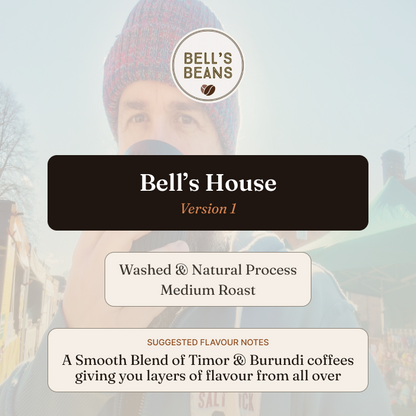 Promotional graphic for Bell's Beans coffee with text about coffee type and flavor notes.