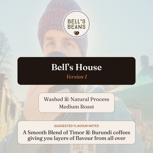 Promotional graphic for Bell's Beans coffee with text about coffee type and flavor notes.