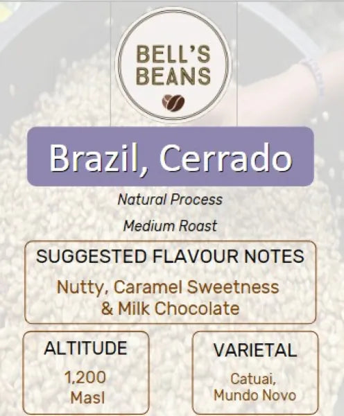 Bell's Beans coffee label with details on Brazil, Cerrado coffee