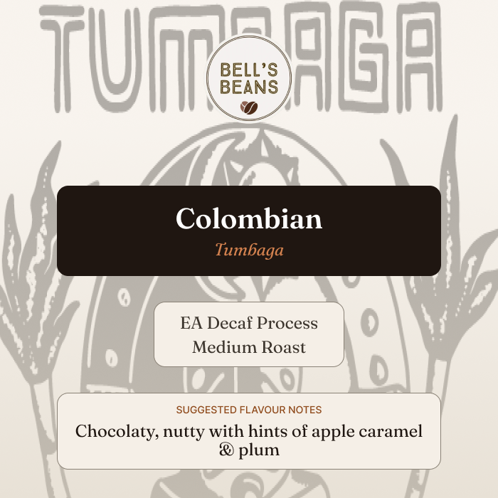 Bell's Beans Colombian Tumbaga coffee packaging with branding and roast information.