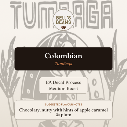 Bell's Beans Colombian Tumbaga coffee packaging with branding and roast information.