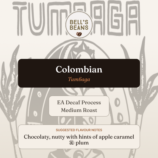 Bell's Beans Colombian Tumbaga coffee packaging with branding and roast information.