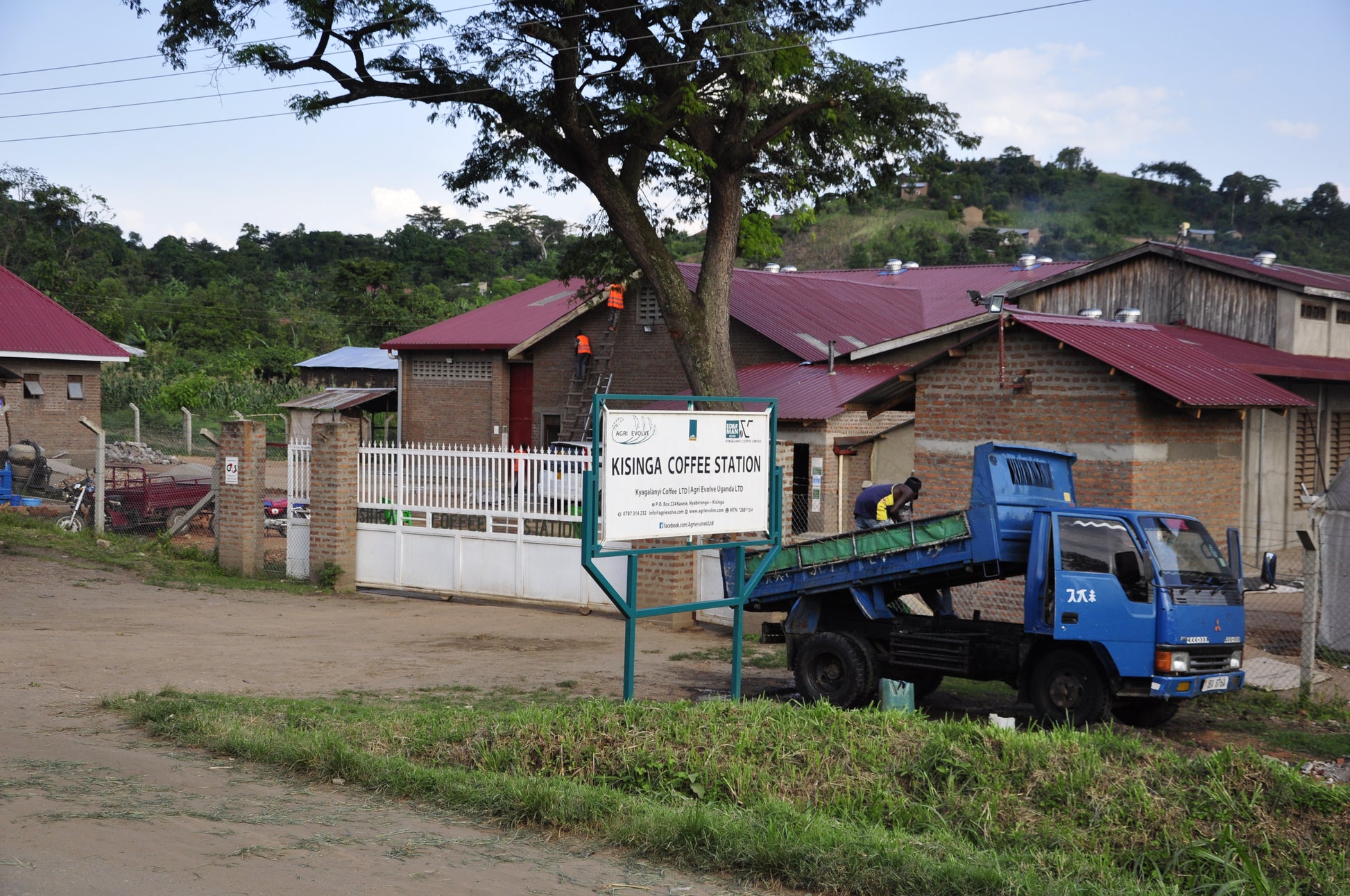 Blue truck parked in front of a building with a signboard labeled 'Kisinga Coffee Station'.