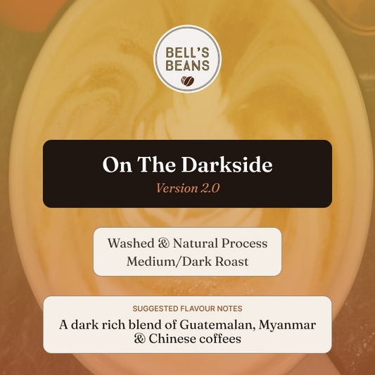 Coffee package labeled 'On The Darkside' by Bell's Beans with coffee bean design.