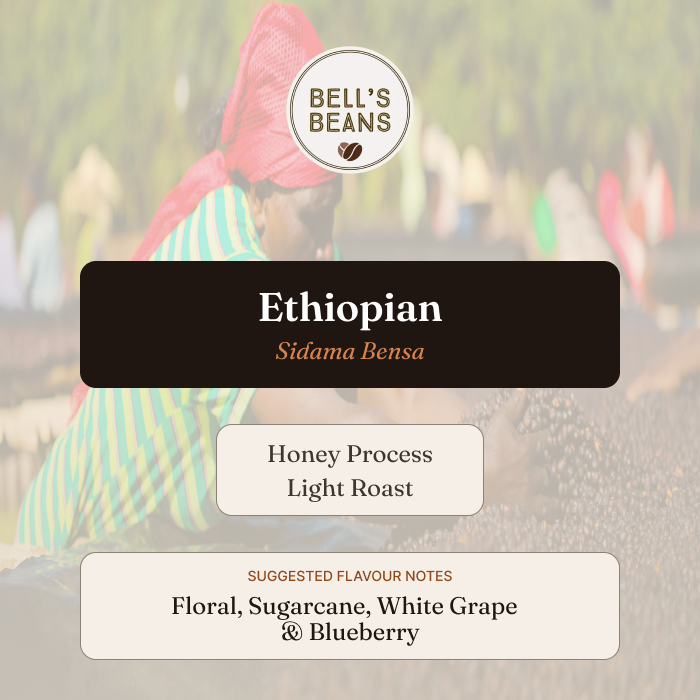 Bell's Beans Ethiopian Sidama Bensa coffee packaging with blurred background