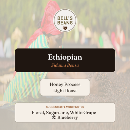 Bell's Beans Ethiopian Sidama Bensa coffee packaging with blurred background