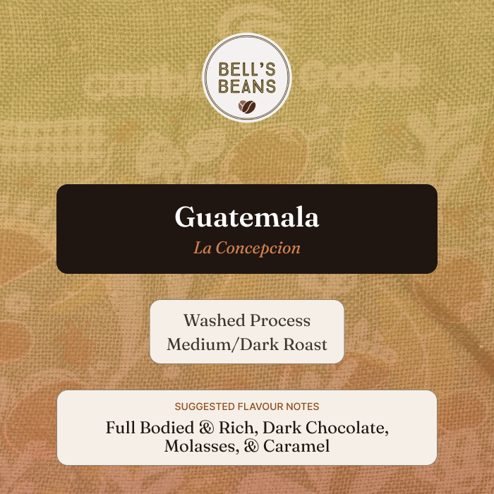 Bell's Beans Guatemala La Concepcion coffee packaging with text and branding.