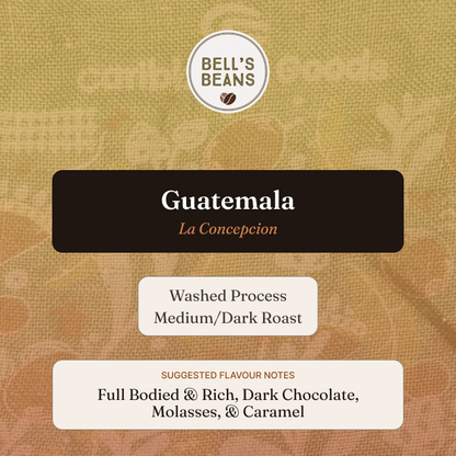 Bell's Beans Guatemala La Concepcion coffee packaging with text and branding.