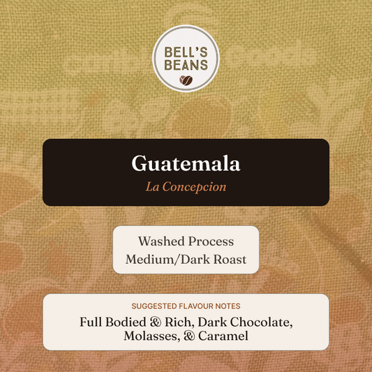 Bell's Beans Guatemala La Concepcion coffee packaging with text and branding.