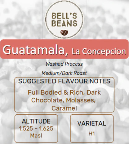Bell's Beans Guatemala, La Concepcion coffee packaging with flavor notes and roast details.