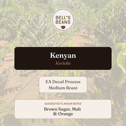 Bell's Beans Kenyan Kericho coffee label with coffee plant background