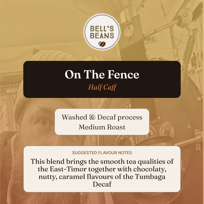 Tea packaging for 'On The Fence' half-caff blend by Bell's Beans with vintage illustration in the background.
