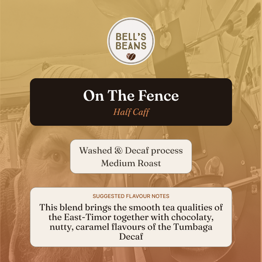 Tea packaging for 'On The Fence' half-caff blend by Bell's Beans with vintage illustration in the background.