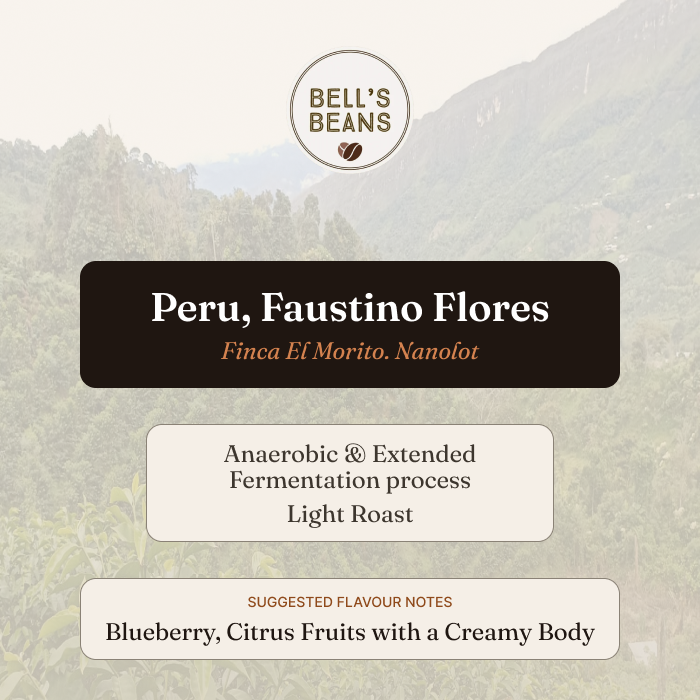 Bell's Beans coffee label with details about Peru, Faustino Flores coffee