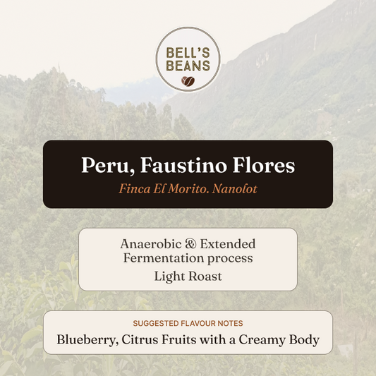 Bell's Beans coffee label with details about Peru, Faustino Flores coffee