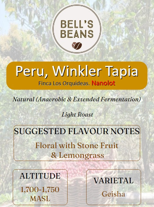 A product information card for Bell's Beans Peru, Winkler Tapia coffee. The card features a light brown background with a blurred image of coffee plants, displaying the brand logo, variety details, suggested flavor notes, altitude, and varietal.