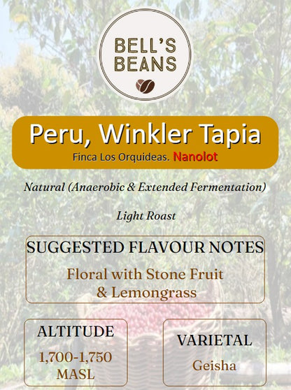 A product information card for Bell's Beans Peru, Winkler Tapia coffee. The card features a light brown background with a blurred image of coffee plants, displaying the brand logo, variety details, suggested flavor notes, altitude, and varietal.