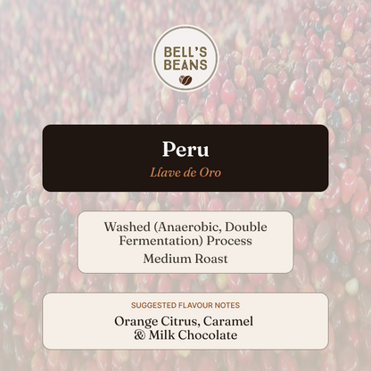 Bell's Beans Peru coffee label with coffee beans in the background
