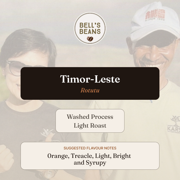 Advertisement for Bell's Beans Timor-Leste Rotutu coffee with two people in the background.