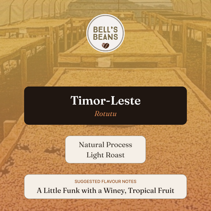 Bell's Beans Timor-Lesta Rotutu coffee information front page with a picture of coffee beans on drying racks under poly tunnels