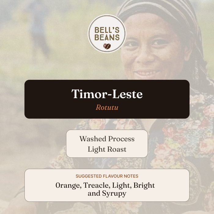 Advertisement for Bell's Beans Timor-Lesta Rotutu coffee with a blurred background of people.
