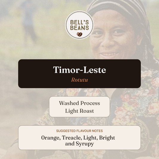 Advertisement for Bell's Beans Timor-Lesta Rotutu coffee with a blurred background of people.