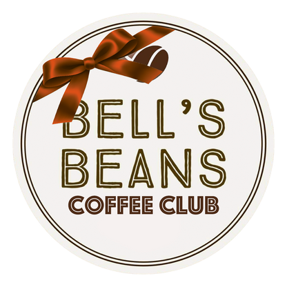 Logo for Bell's Beans Coffee Club with a brown bow and coffee bean on a white background