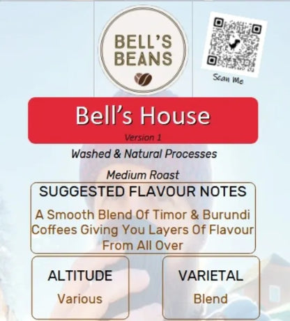 Bell's Beans coffee label with QR code and flavor notes on a light blue background
