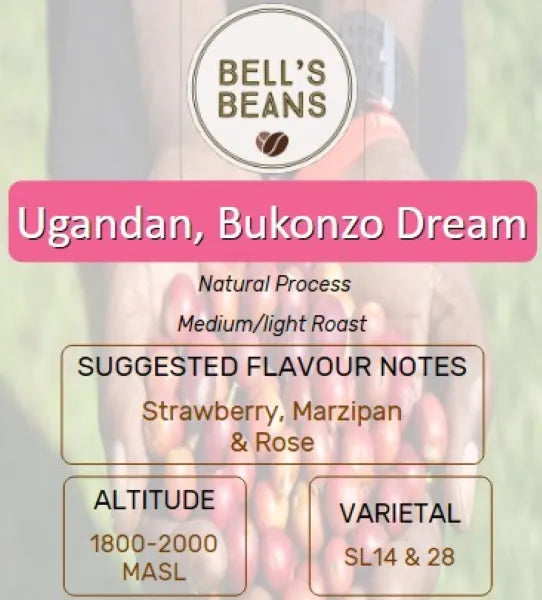 Bell's Beans Ugandan Bukonzo Dream coffee packaging with flavor notes and roast details.