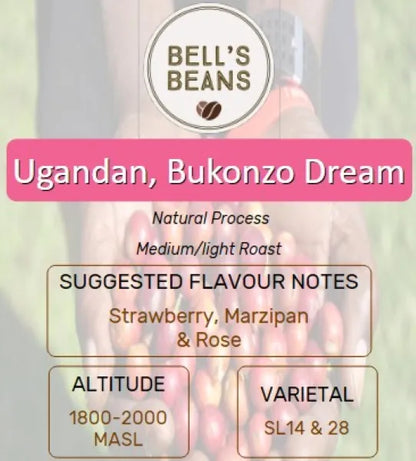 Bell's Beans Ugandan Bukonzo Dream coffee packaging with flavor notes and roast details.