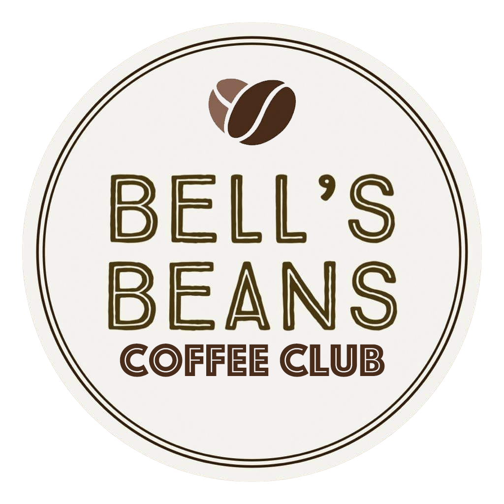 Logo of Bell's Beans Coffee Club with a coffee bean icon on a white background