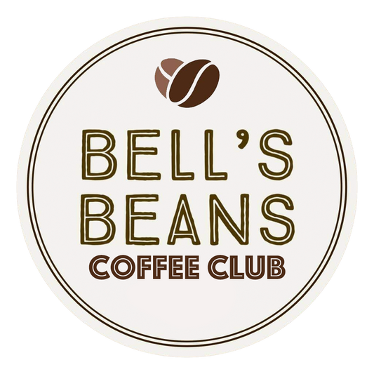 Logo of Bell's Beans Coffee Club with a coffee bean icon on a white background