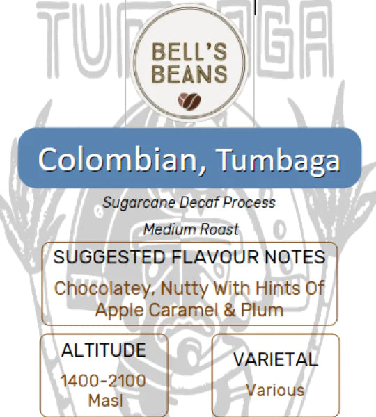 Coffee packaging for Bell's Beans Colombian Tumbaga coffee with flavor notes and roast details.