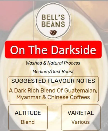 Coffee label with 'Bell's Beans' branding and text about coffee process and flavor notes.