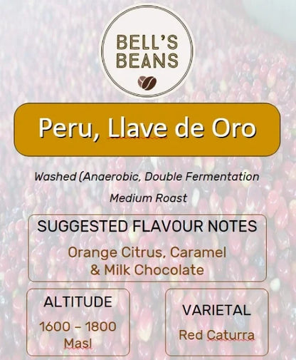 Bell's Beans Peru, Llave de Oro coffee label with flavor notes and roast details.
