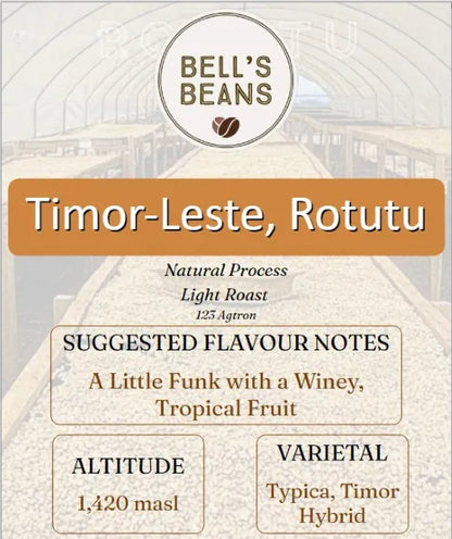 Bell's Beans coffee package with Timor-Leste, Rotutu branding and flavor notes.