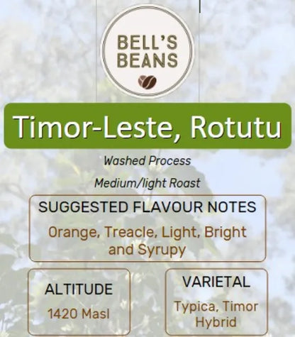 Bell's Beans coffee label with product details on a textured background
